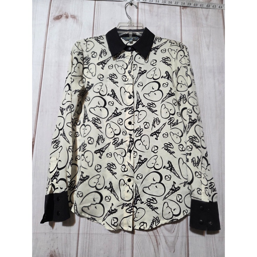 Catherine Malandrino Paris Print Chiffon Snap Blouse XS Pigalle Pearl Art Drama